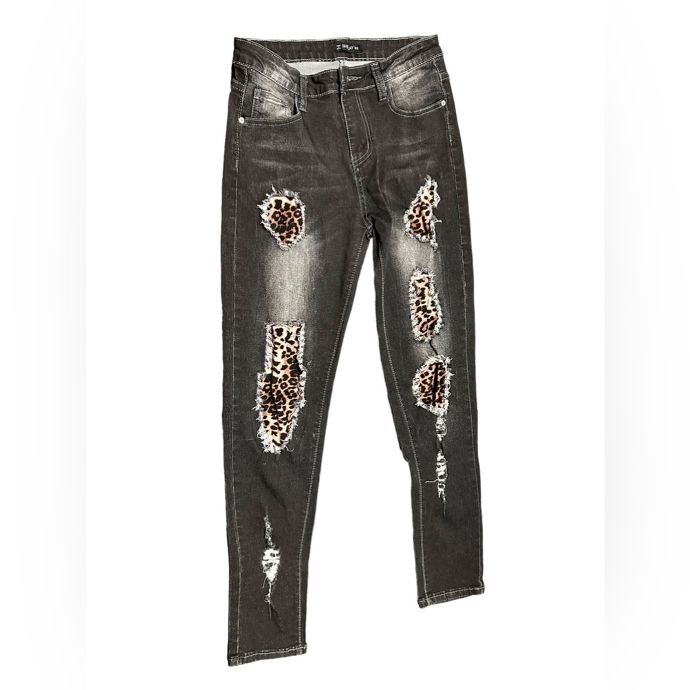 SHEILAY l, distressed, leopard, print, skinny jeans, size 3,28,waist, 28 length